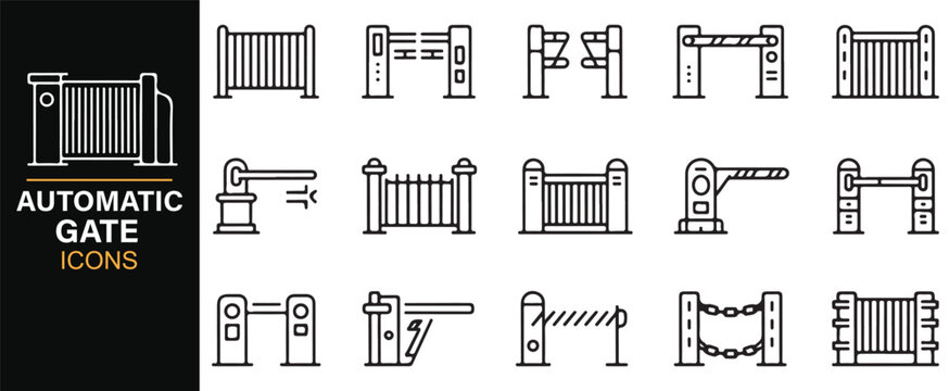 Vector automatic fence icons &ndash; editable architecture illustrations of sliding, swing, and driveway gates
