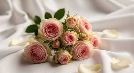 Delicate roses arranged gracefully on a luxurious white fabric background