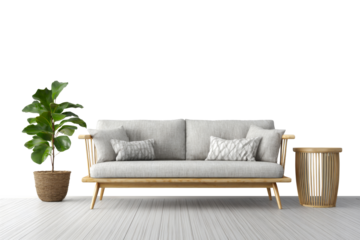 Modern sofa with cushions and decorative vases in stylish living room isolated on transparent background