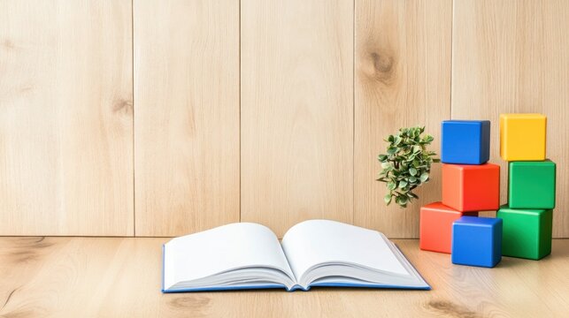 Open book and colorful blocks on wooden table