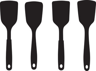 Four black kitchen spatula utensils silhouette