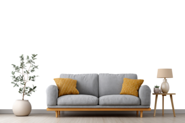 Modern living room with grey sofa yellow cushions and table lamp isolated on transparent background