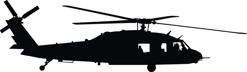 Military helicopter silhouette vector illustration, army aircraft design, aviation transport symbol, black hawk helicopter graphic, war aviation element, combat aircraft icon isolated design © MdShahin