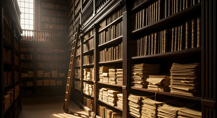 Photorealistic Scene of Library Interior with Newspapers and Books on Shelves