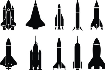 Rocket silhouette vector collection with space shuttle, spacecraft, launch vehicles, astronautics symbols, futuristic rocket designs, exploration illustration,