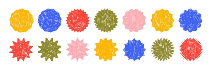 Fototapeta premium Colorful starburst circle stickers and badges with pencil texture. Crayon drawn starburst promo price tags.