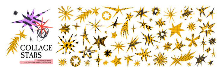 Irregular star collage cut out shapes with scribbles and crayon patterns. Paper funky stickers with rough sketch textures for playful scrapbook or zine design. Vector asymmetry angular forms.