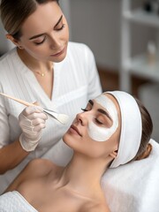 Cosmetologist applying facial mask on young woman