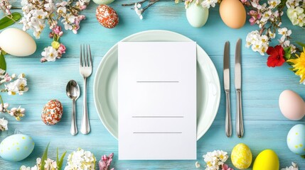 Easter table setting with menu and spring flowers