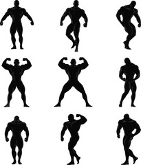 Set of strong bodybuilder silhouette vector illustrations showing muscular poses, fitness athlete flexing muscles, gym workout strength training design elements isolated