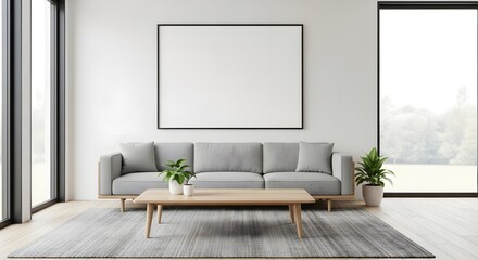 Minimalist living room interior with blank art frame mockup above couch