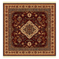 Square traditional oriental rug with an intricate central medallion, floral motifs, and a multi-layered border.
