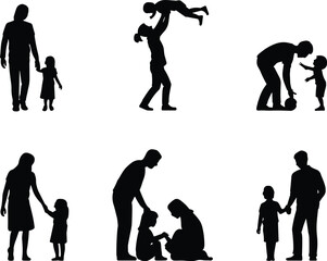 Obraz premium Silhouette family vector illustration set, parents and children together, mother father child relationship, parenting love care symbols, parenthood childhood bonding graphic design collection