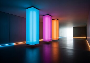 Fototapeta premium Illuminated pillars casting colorful reflections in a modern corridor