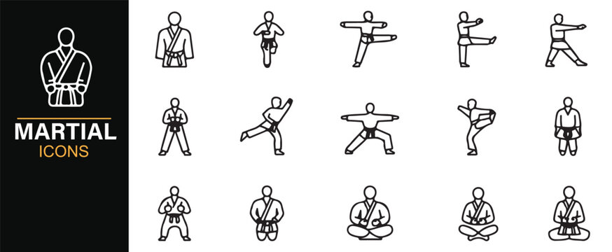 Martial arts line icons – vector collection of combat poses, karate gi, sparring, and fitness training