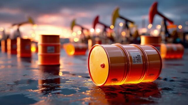 Crude Oil Barrels in Industrial Sunset: A striking visual narrative of the oil industry, featuring a collection of metallic barrels bathed in the warm, glowing hues of sunset.