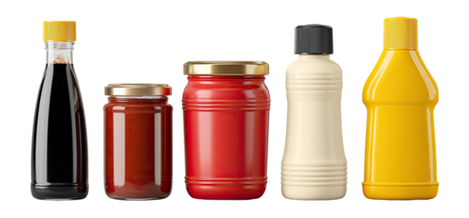 Four food containers, showcasing various condiments