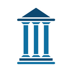 Simple blue icon of a classical building facade with three columns