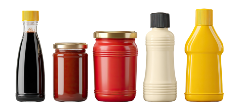 Four food containers, showcasing various condiments