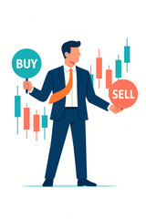 Financial analyst making investment decisions with buy and sell signals for stock market trading