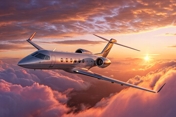Fototapeta premium Soaring Heights: A sleek, metallic private jet effortlessly navigates the clouds, bathed in the warm embrace of a vibrant sunset, epitomizing luxury travel and freedom.