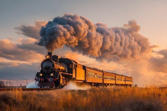 A retro steam train rushing through countryside fields at sunset, warm golden light, long smoke plume with empty sky for copy space. - Powered by Adobe