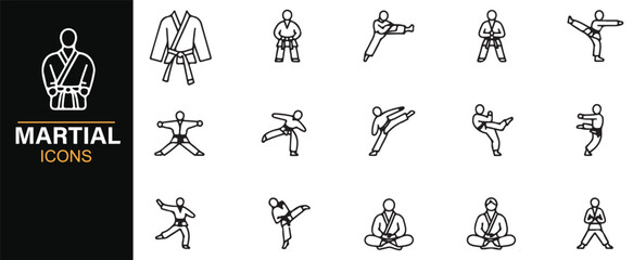 Editable martial arts outline icons – combat sport, self-defense, dojo, and discipline vector collection