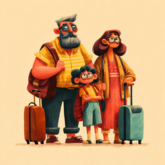 Cartoon Family Tourists on Vacation with Playful Colors