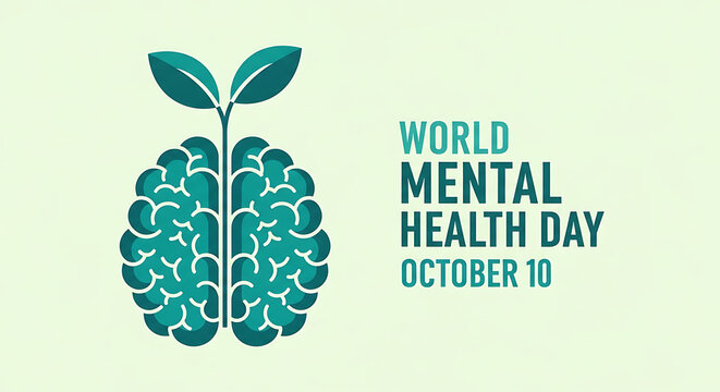 World Mental Health Day Illustration Featuring Brain with Sprout Promoting Wellness and Growth