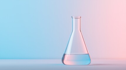 A clear glass laboratory flask with a blue liquid on a white table against a blue and pink gradient background.