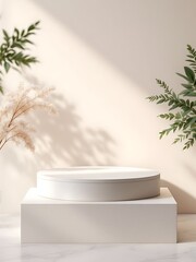 Minimalist pedestal display with natural light and greenery