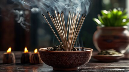 Aromatic incense sticks burning in a clay bowl with a potted plant in the background.