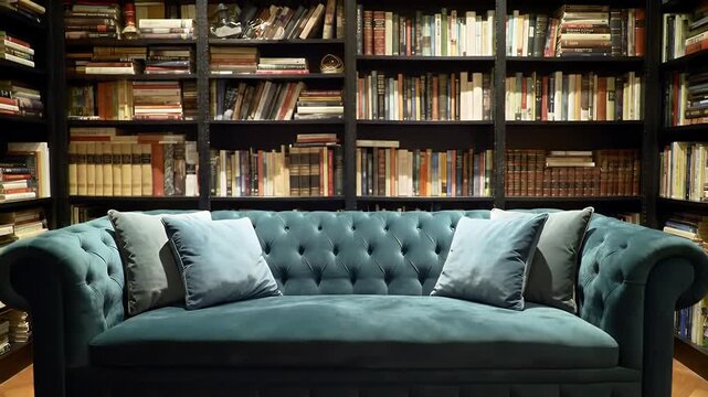 Elegant Couch with Bookshelf Background for High-End Interior Design