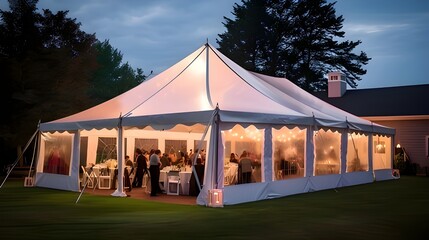Elegant outdoor wedding reception in a illuminated tent at dusk isolated PNG with Transparent Background
