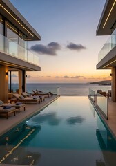 Obraz premium Serene sunset view over ocean from luxury villas infinity edge pool