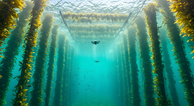 Underwater drones monitoring a futuristic kelp farm. Sustainable aquaculture and marine research technology.