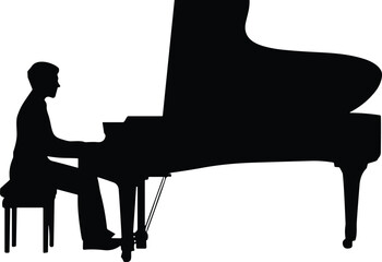Silhouette vector illustration of man playing grand piano, classical musician, pianist performing music, concert stage performance, artistic design, black and white graphic style
