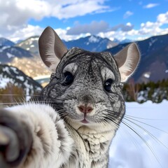A gray chinchilla taking a selfie in snowy mountains