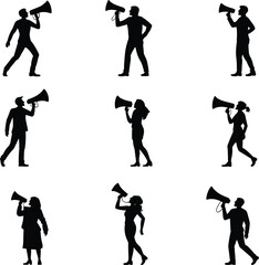 Silhouette vector illustration of men and women holding megaphones, speaking, announcing, protesting, communication, promotion, leadership, activism