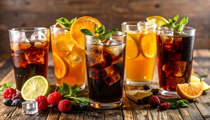 Assorted iced drinks in glasses, garnished with fruit and mint, on a wooden surface