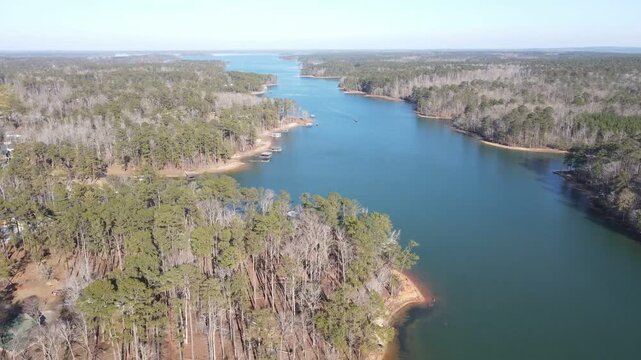 Aerial landscape Clarks Hill Lake in winter after Hurricane Helene in Appling Augusta Georgia