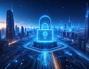 Futuristic city skyline with a glowing lock, signifying digital security