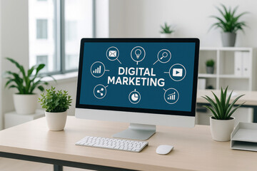 Fototapeta premium Computer screen with digital marketing icons and text on a desk with plants