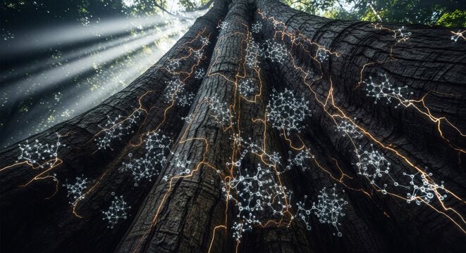 Tall tree with glowing molecular structures visualized on bark
