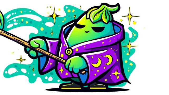 Illustration of a green character in a wizard robe holding a staff