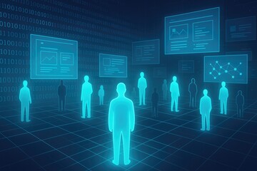 Digital representation of people and data screens in a futuristic network grid with binary code silhouettes