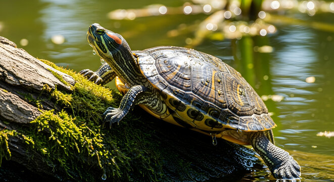Red-Eared Slider turtle basking in sunlight on a moss-covered log by the pond side nature wildlife