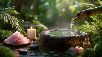 Tranquil Zen spa setup with bamboo fountain, flowing water, hot stones, and candles, promoting relaxation and wellness in nature.