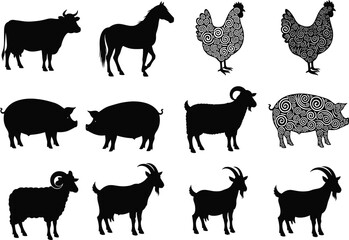 Farm animal illustration set, cow, horse, chicken, pig, goat, sheep icons, vector agriculture livestock concept with stylized patterns
