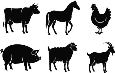 Farm animal illustration set, cow, horse, chicken, pig, sheep, goat icons, vector agriculture livestock concept for education
